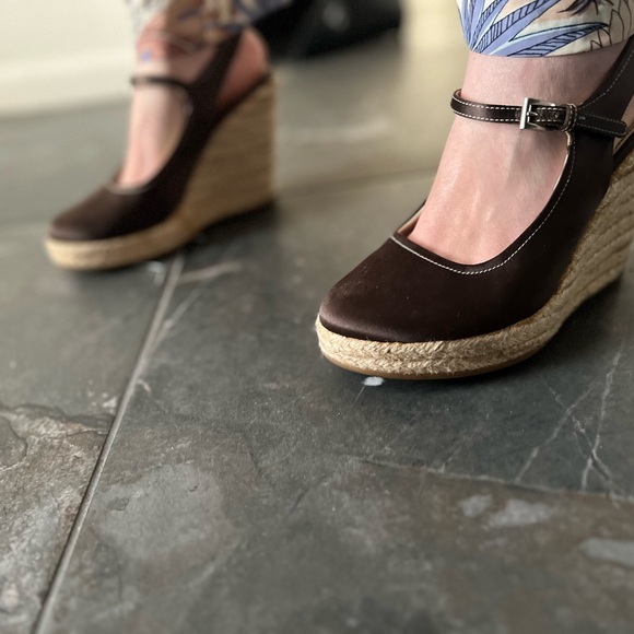 Prada Satin Espadrilles Women's Brown Mary Jane Wedges - Picture 1 of 16
